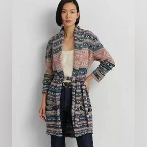 Lauren Ralph Lauren Striped Fair Isle Open Cardigan in Navy and Pink